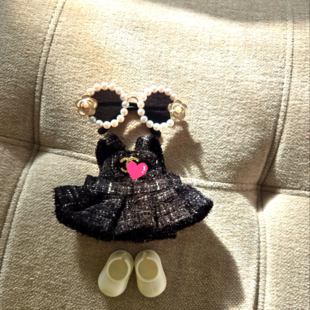 Chic Black Dress with Pearl Sunglasses and Shoes Outfit for Labubu